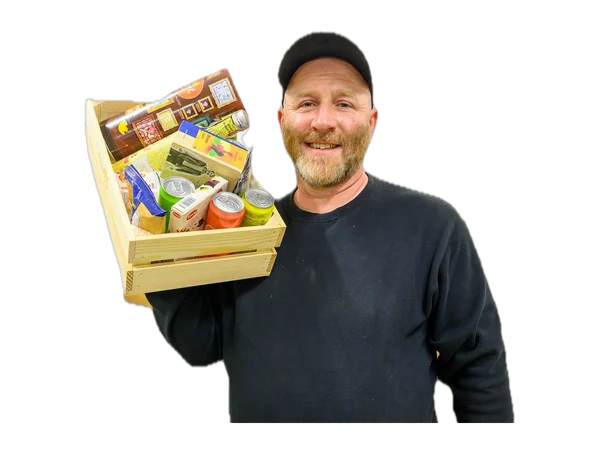A colleague carrying a crate of refreshments for a meeting