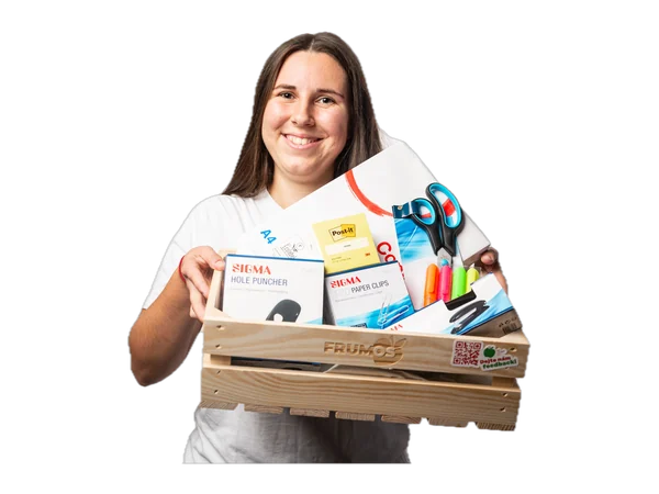 A colleague carrying a crate of office supplies